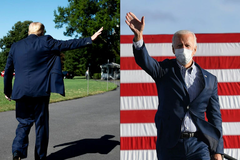 Gauche : Trump de dos fait un signe de la main. Droite : Biden, de face, fait un signe de la main.