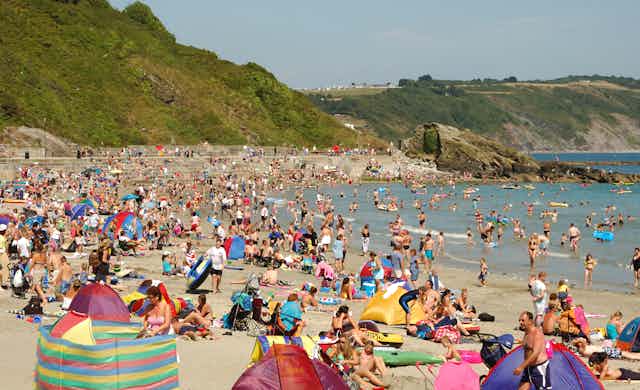 A busy British beach in the summer