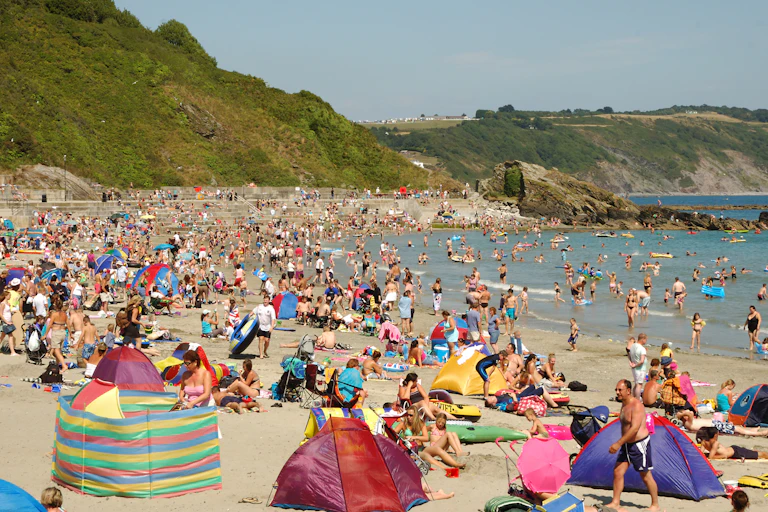 A busy British beach in the summer