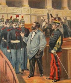 Un dessin montrant Christophe Thivrier, premier maire socialiste au monde, se faisant expulser de la Chambre des députés