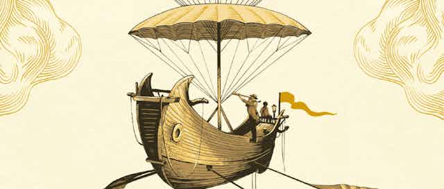 A close up of the book cover of Washington Black. A wooden boat flies with the help of an umbrella.
