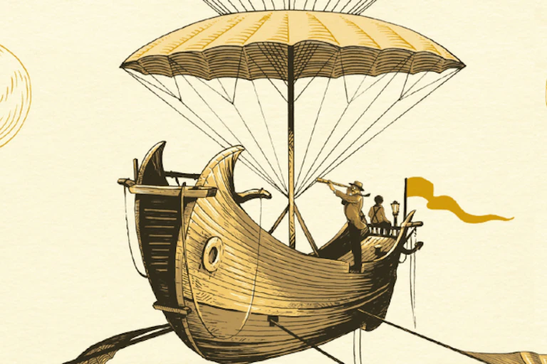 A close up of the book cover of Washington Black. A wooden boat flies with the help of an umbrella.