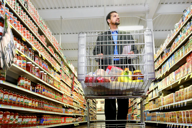 Man shops for groceries, pushing a cart