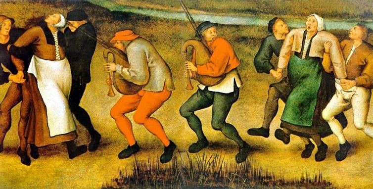 A painting of people carrying other people as they dance uncontrollably.
