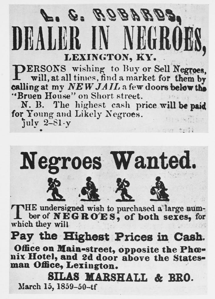 Dos carteles antiguos de la década de 1840 que anuncian servicios de trata de esclavos en Kentucky.