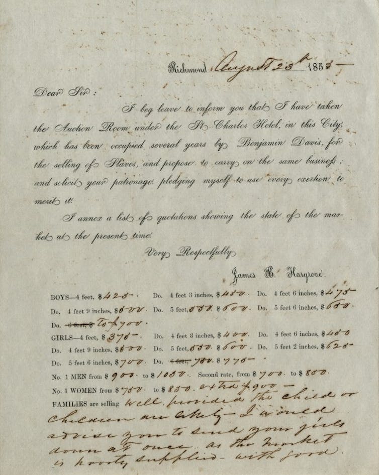 A handwritten letter announcing the opening of a slave trading company at a hotel in Richmond, Virginia.