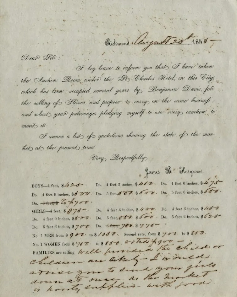 A handwritten letter announcing the opening of a slave trading company at a hotel in Richmond, Virginia.