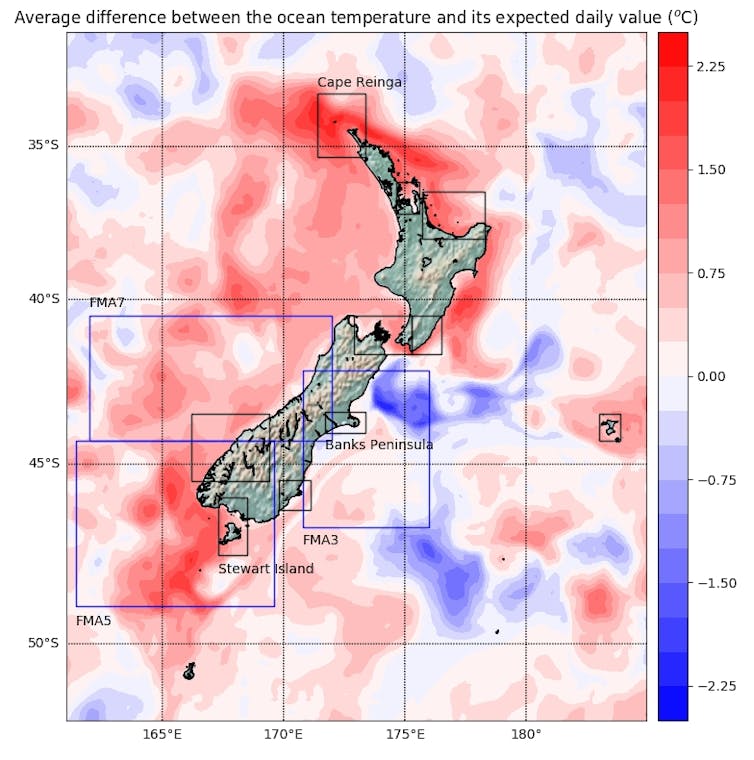 Map of ocean warming around New Zealand.