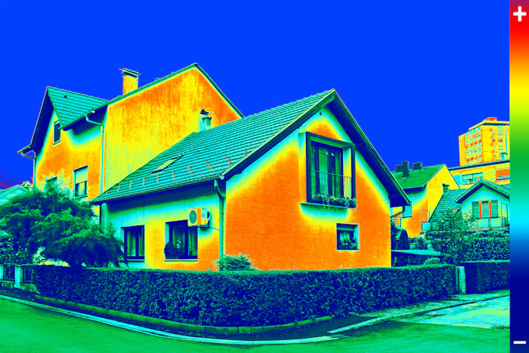 A detached house in infrared with orange walls depicting heat loss.