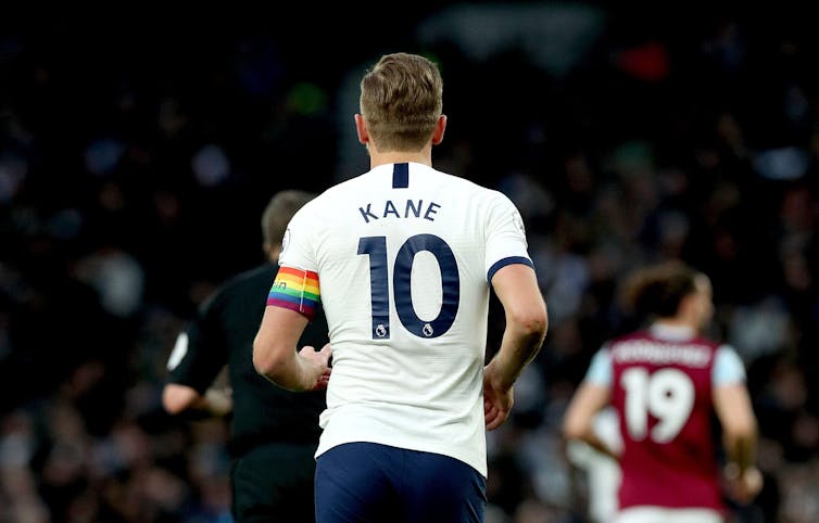 Tottenham Hotspur’s captain Harry Kane wearing a rainbow captain’s armband. Tottenham Hotspur's captain Harry Kane wears a rainbow captain's armband during the Premier League match at the Tottenham Hotspur Stadium, London