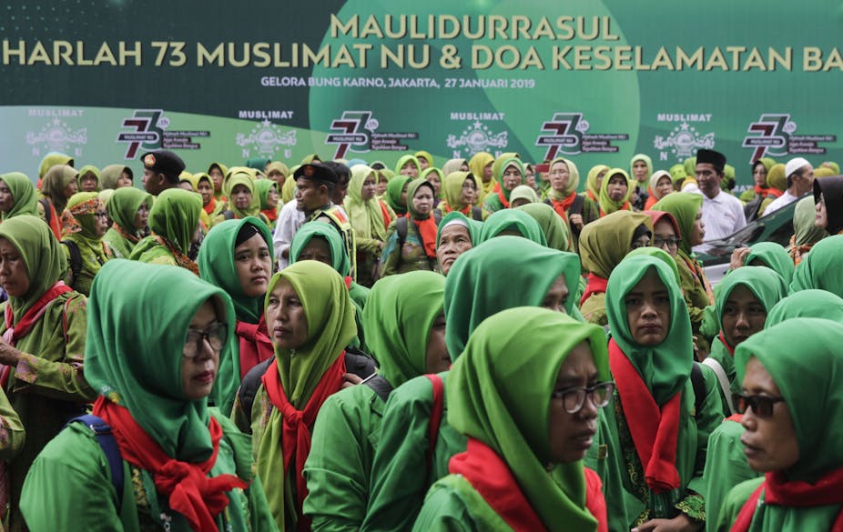 Mujeres musulmanas de Indonesia se reúnen para el 73 aniversario de la organización musulmana más grande, Nahdlatul Ulama.