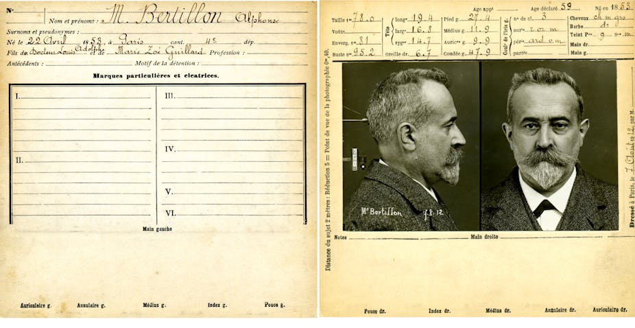 Fiche anthropométrique (recto-verso) d'Alphonse Bertillon (1853 - 1914), pionnier de la Police Scientifique, inventeur de l'anthropométrie, premier chef du Service d'Identité Judiciaire de la Préfecture de Police à Paris (1893).