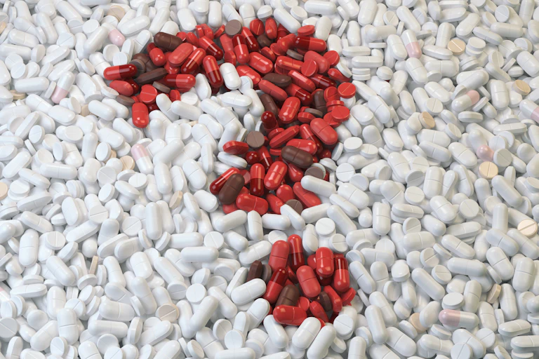 Un point d'interrogation fait de pilules rouges sur fond de pilules blanches.