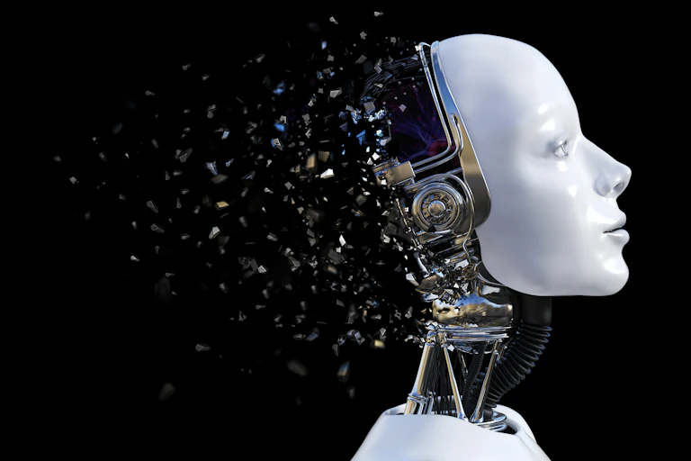 A 3D illustration of a robot whose head is exploding.