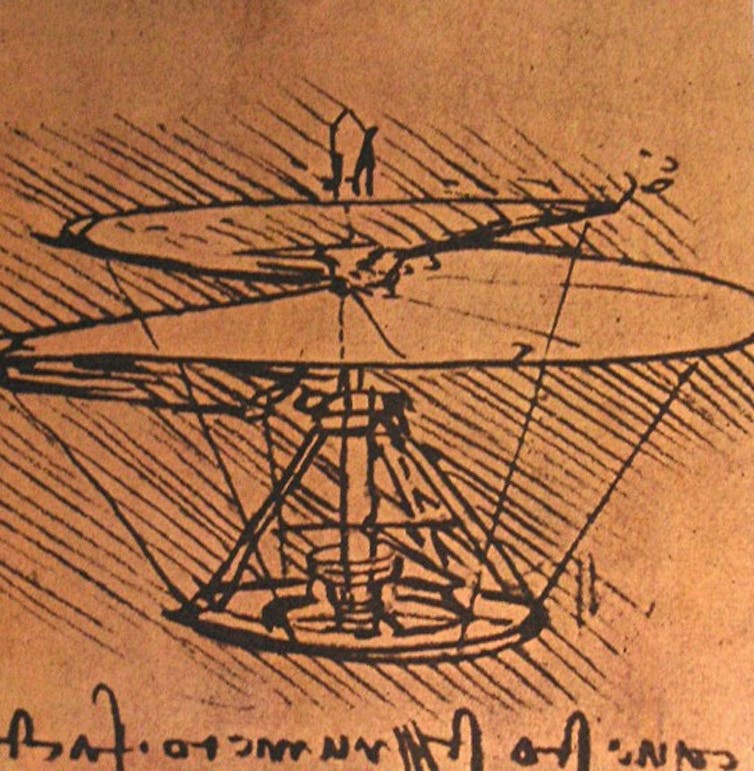 A sketch of a human–powered helicopter with a large spiral propeller on top.