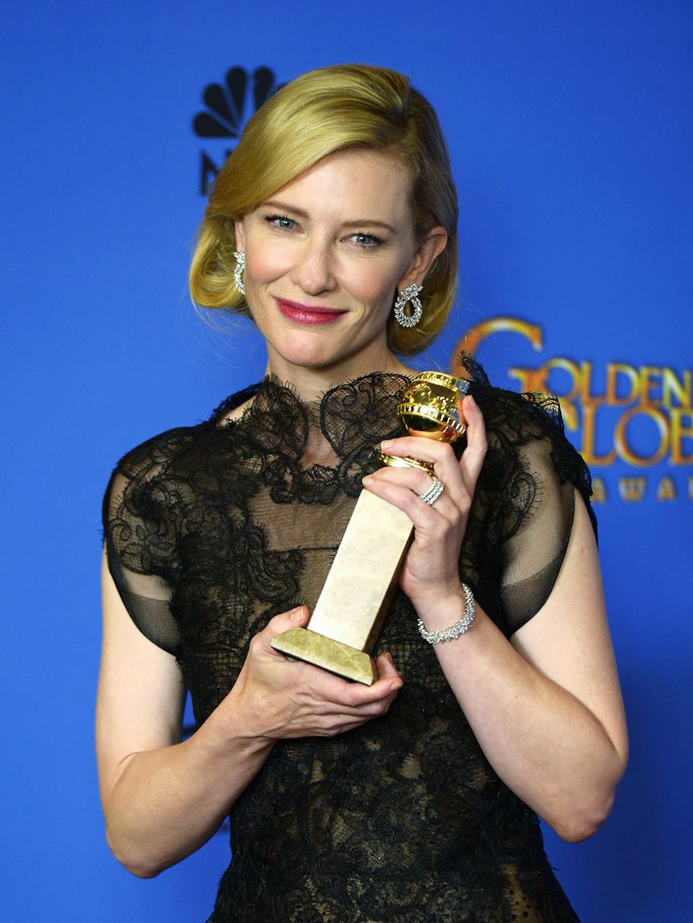 Cate Blanchett holds her Oscar for supporting actress for her role