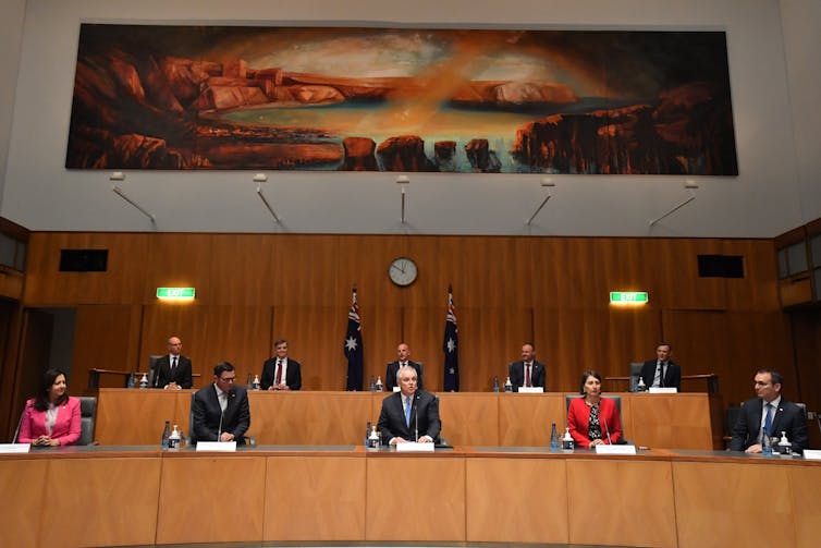 Australia's state and territory leaders with Prime Minister Scott Morrison at a National Cabinet press conference in Canberra, December 11 2020. The AFR's 2021 power list has relegated the Prime Minster to second position.