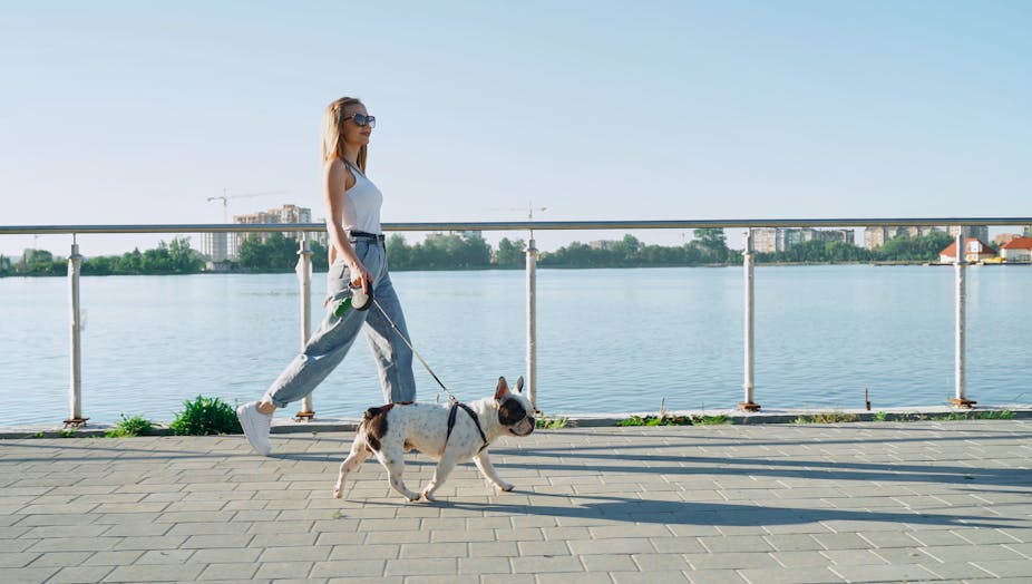 Young woman walking her dog along a seaside path in the city.