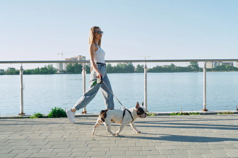 Young woman walking her dog along a seaside path in the city.