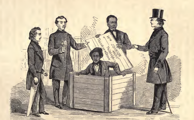 Illustration of Henry Box Brown being let out of his box.
