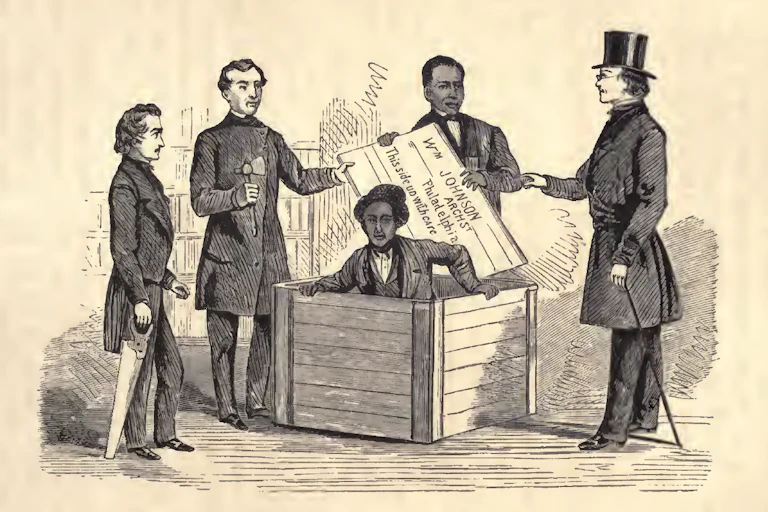 Illustration of Henry Box Brown being let out of his box.