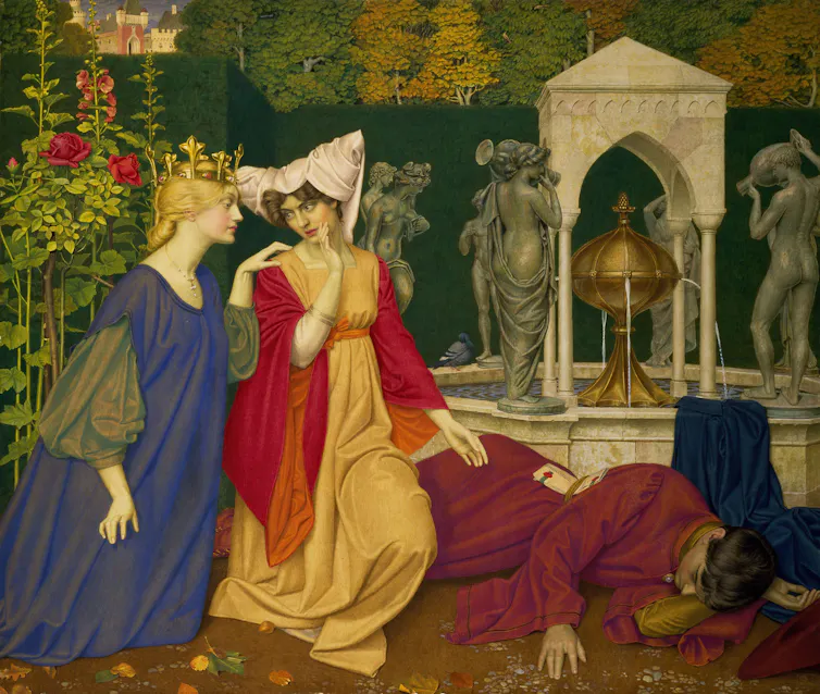 Medieval-style painting of two women standing over a dead man.