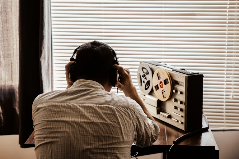 A man wearing headphones listens to conversation on a reel tape recorder