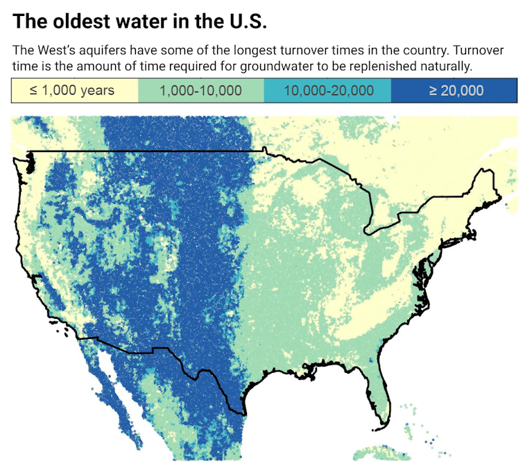 Longest turnover times are in the West and Great Plains on a green and blue map