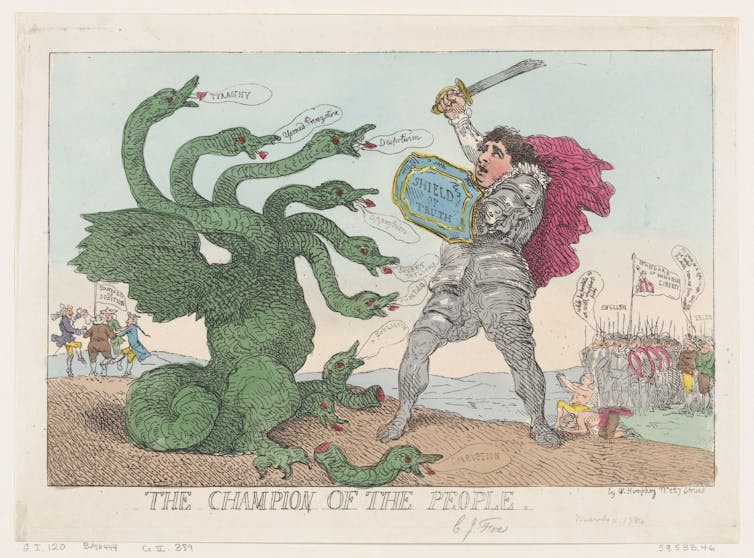 An 18th century satirical cartoon showing Charles James Fox dressed as a knight, battling a multi-headed dragon, captioned 'Champion of the people'