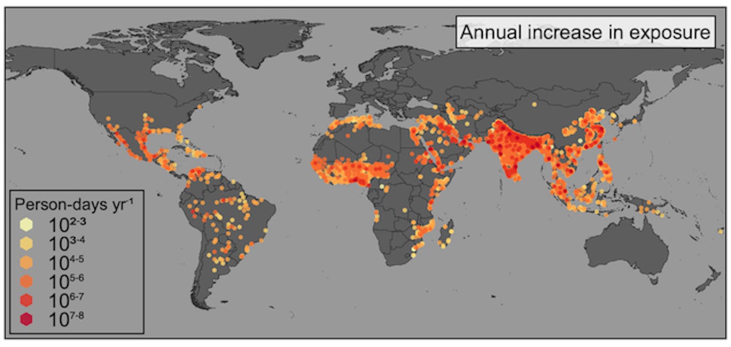 Map showing heat exposure increases by color