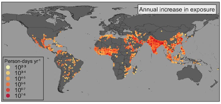 Map showing heat exposure increases by color