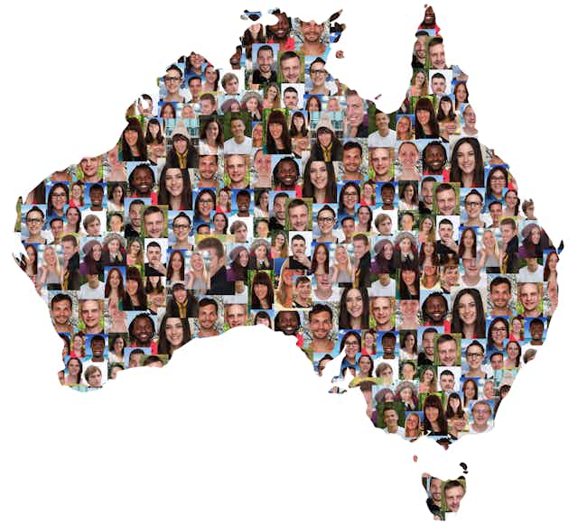 Map of Australia made up of many different faces