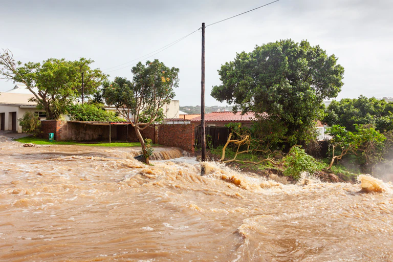 Water gushing past houses and trees.