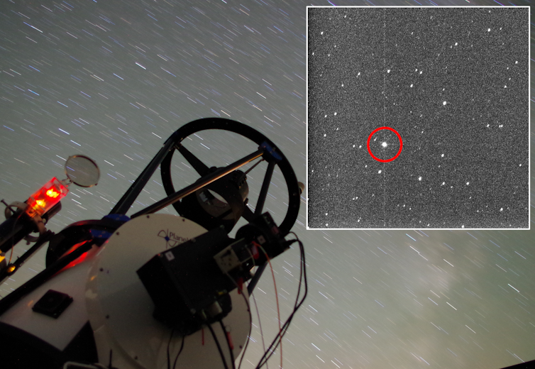 telescope pointed at starry sky, and inset image of distant galaxy