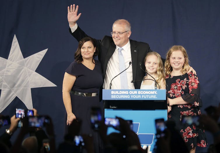 Scott Morrison flanked by his family celebrates the 2019 federal election victory.