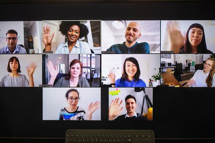 Ten people on a desktop computer screen are having a work meeting.