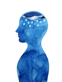 Illustration of a blue human silhouette with clouds and rain in its head