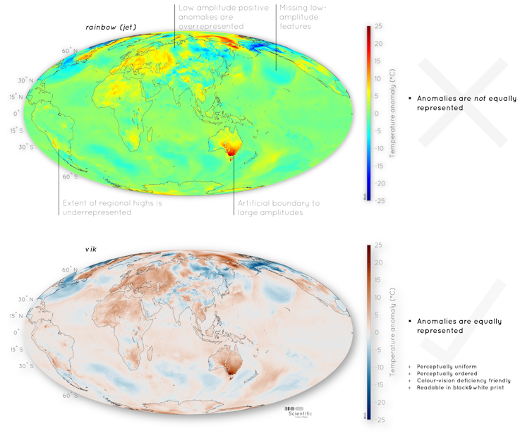Two maps of the Earth's surface displaying temperature anomaly data with annotations