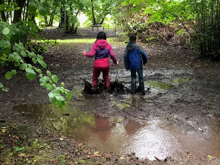 Children seen from the back walking through mud puddles.