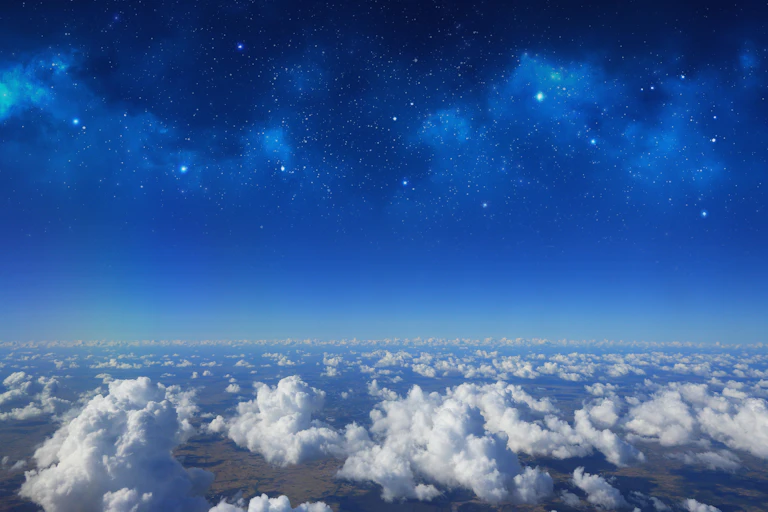photograph of the atmosphere above clouds, with stars in the distance