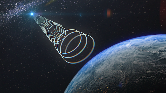 Artist's impression of the transient radio signal travelling towards Earth.