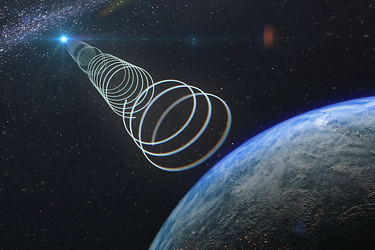 Artist's impression of the transient radio signal travelling towards Earth.