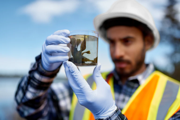 man holds jar containing seaweed