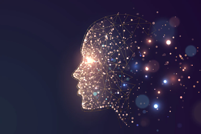 Illustration of a face with lights illustrating brain networks.