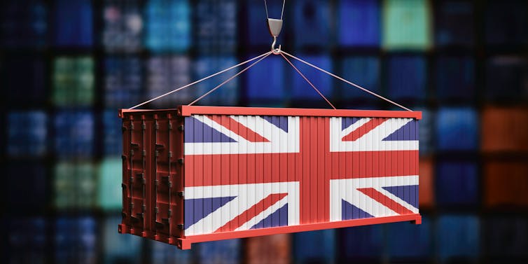 UK flag on a suspended shipping container.