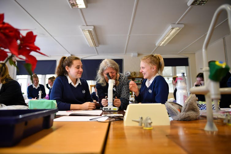 A teacher and two pupils in a biology lesson