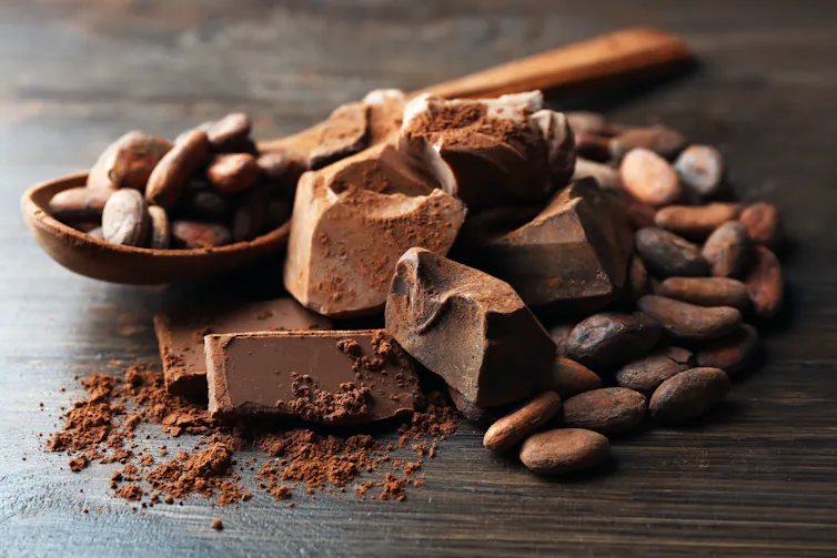 Cacao bean sand raw chocolate sit piled in the centre of the frame