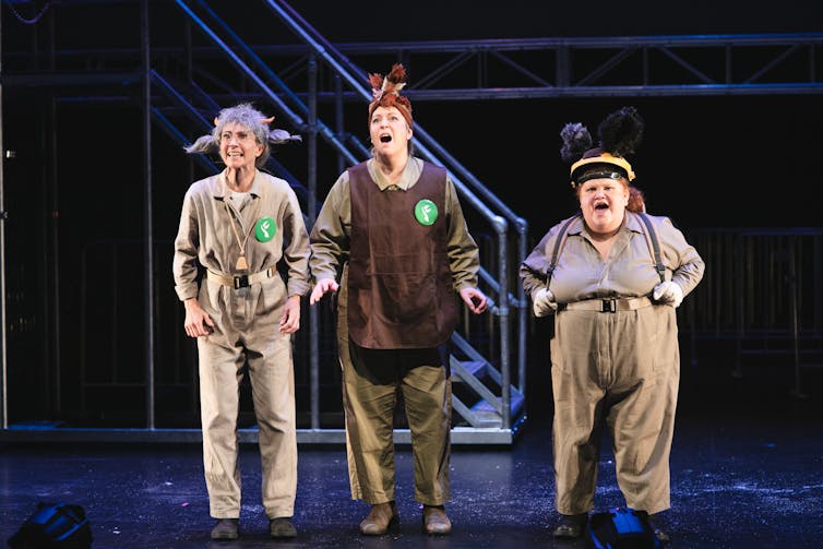 Three women dressed as farm animals.