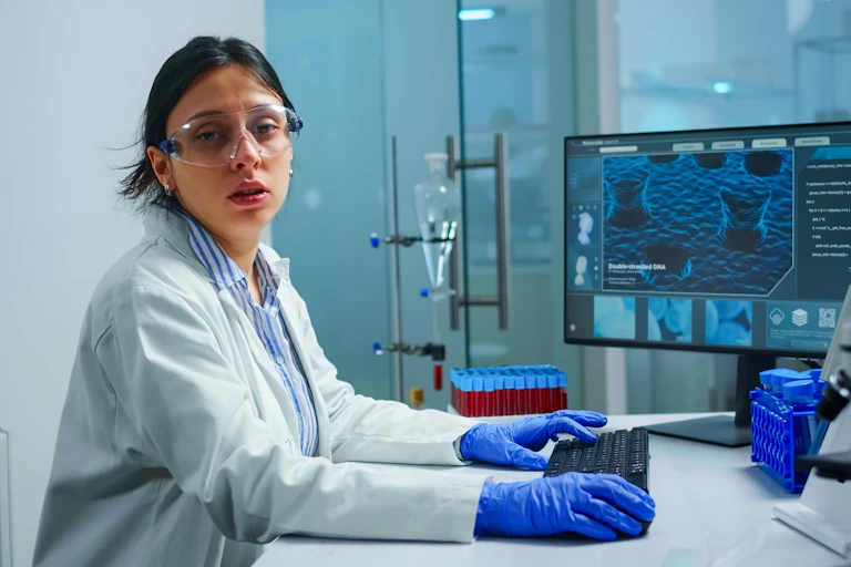 Tired looking female researcher at desk