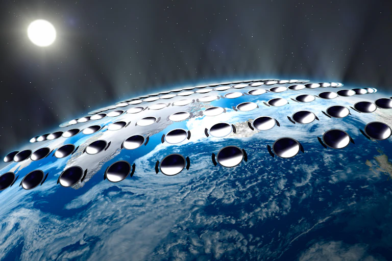 An image of solar reflectors in orbit around Earrth.